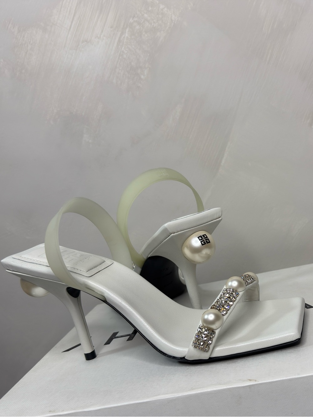 Givenchy Pearl Crystal Square Toe Slingback Heels 37.5 Brand New